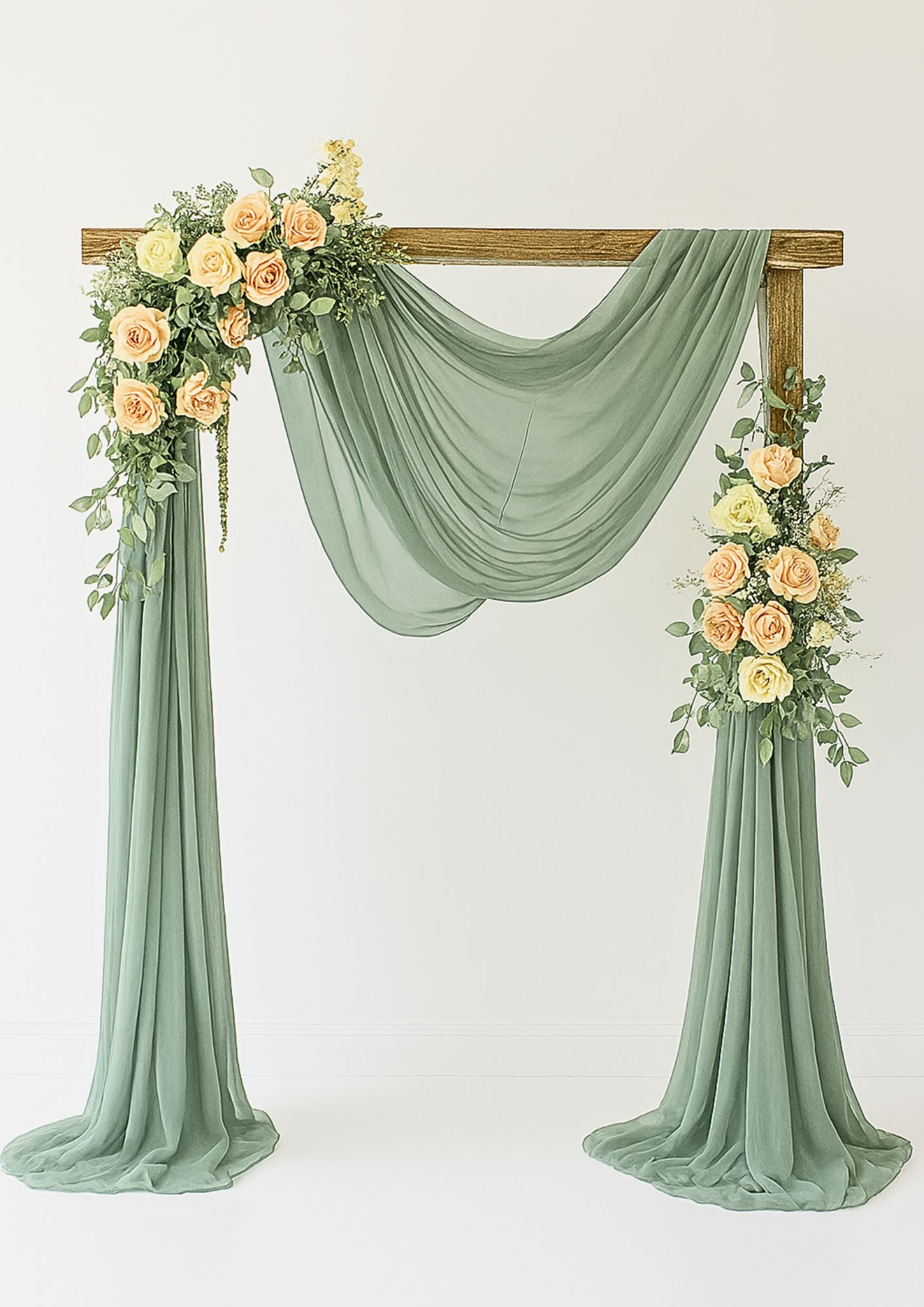 A wooden stand with sage green drapes, dressed with flowers on the side