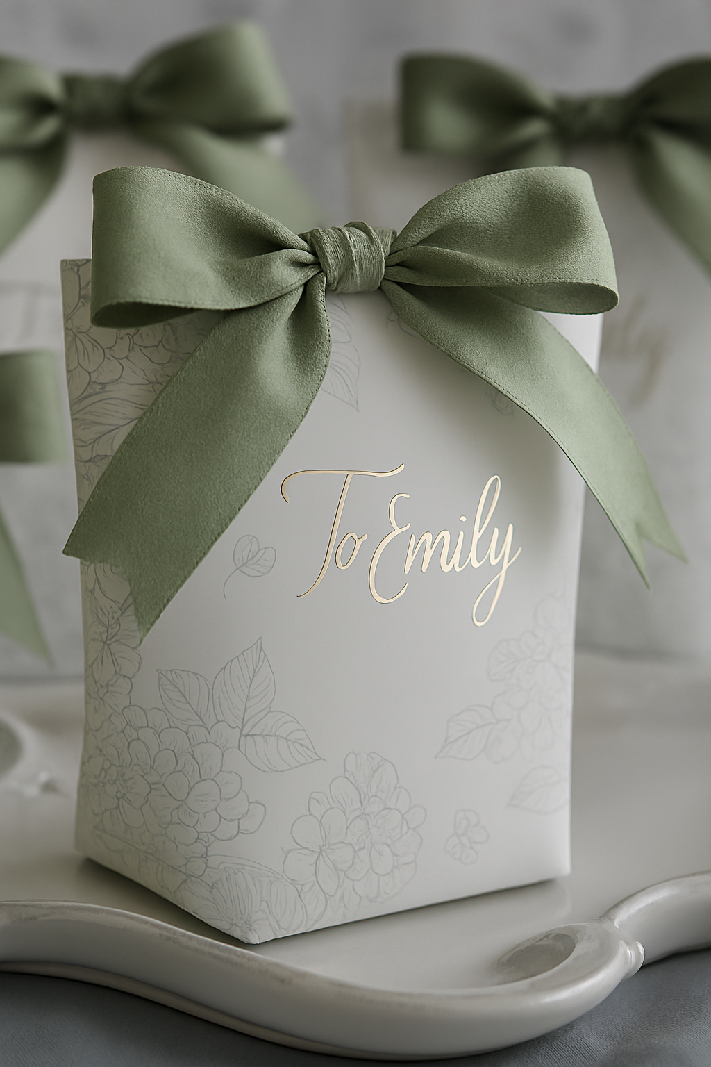 White gift box with green ribbon