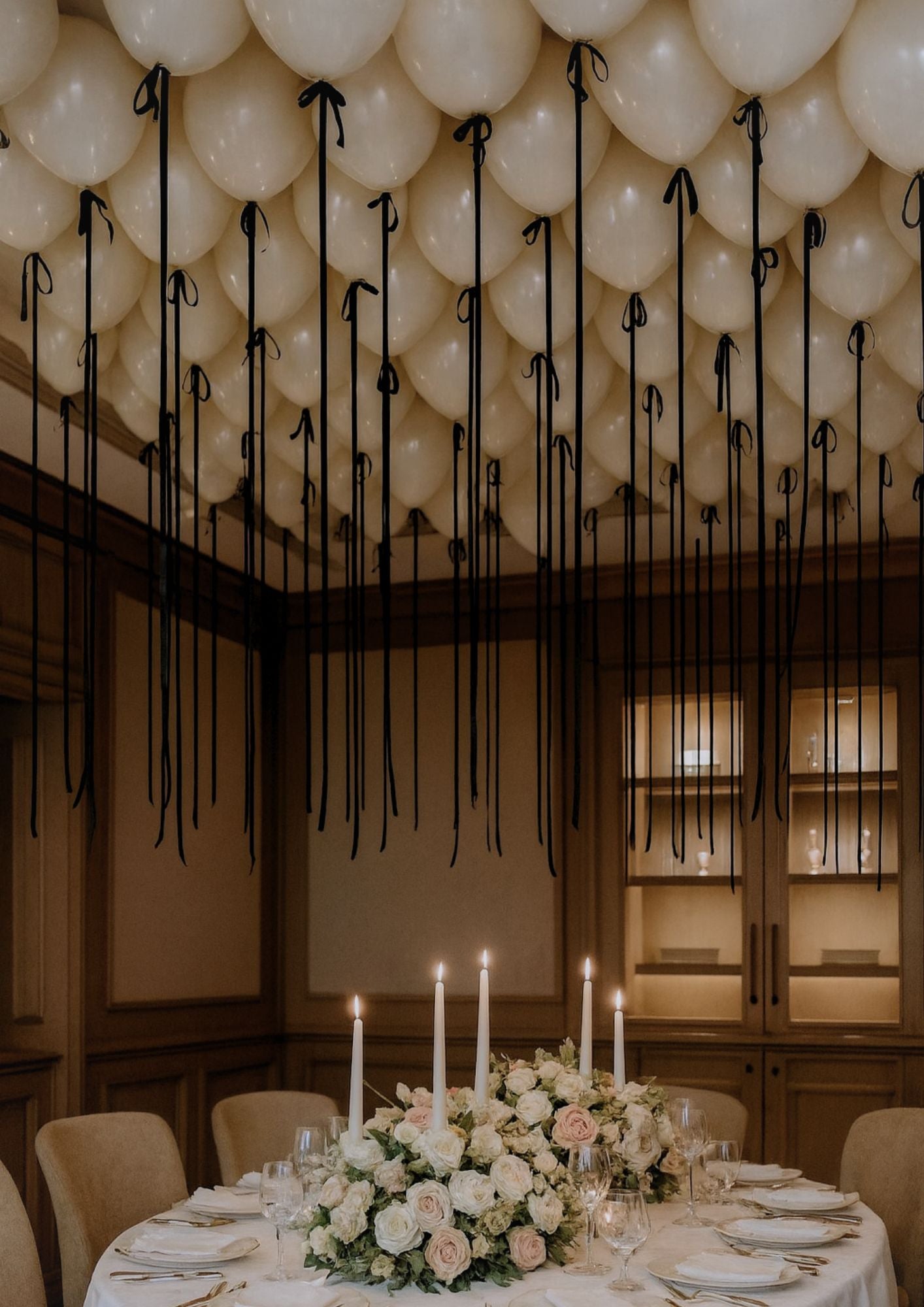 Decorative setup with white balloons on the ceiling.