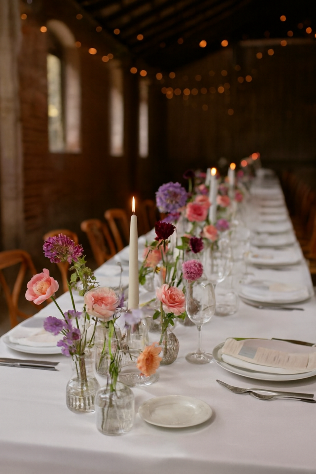 Rustic wedding tablescape styled with bud vases and ivory taper candles.
