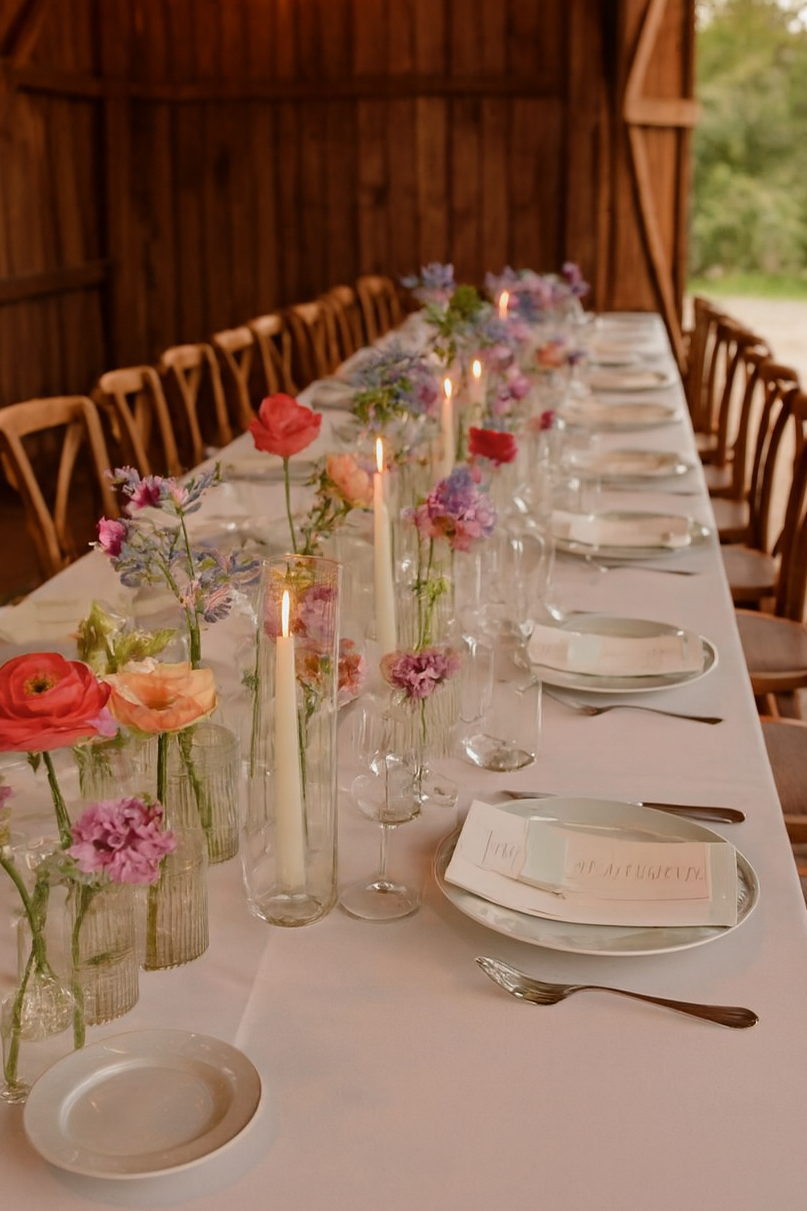 Floral bud vases and taper candles decorating a barn wedding reception.