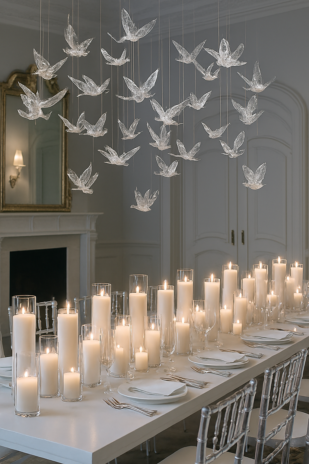 Dining table set with candles and decorative birds on the ceiling in a priavte dinner room.
