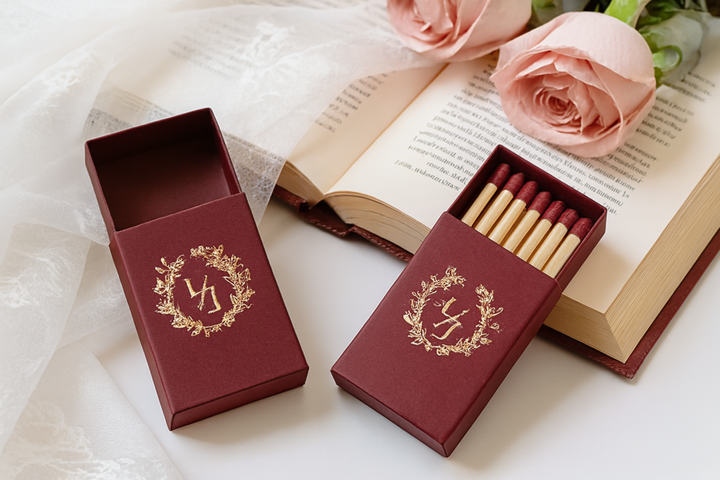 Maroon matchbox with .custom gold emblem.